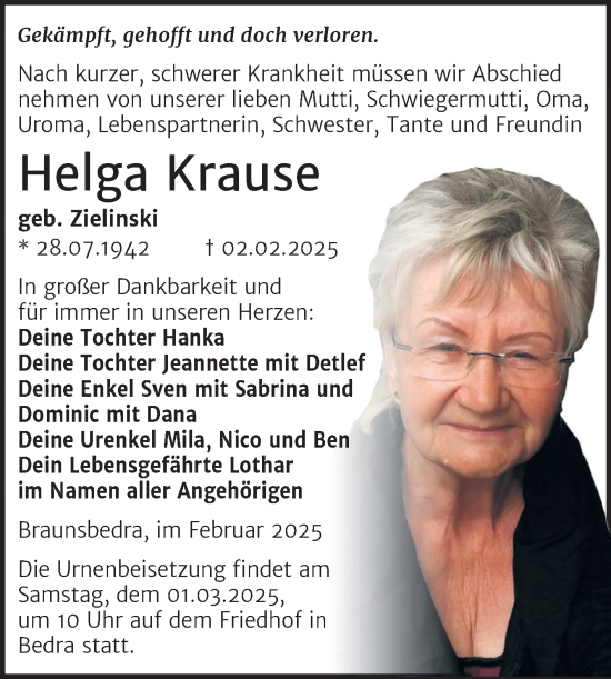 Traueranzeige von Helga Krause von Trauerkombi Merseburg