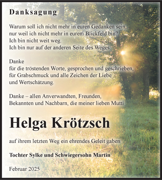Traueranzeige von Helga Krötzsch 