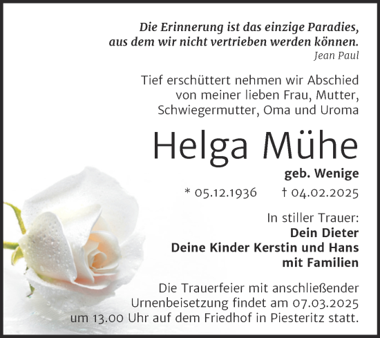 Traueranzeige von Helga Mühe von Trauerkombi Wittenberg