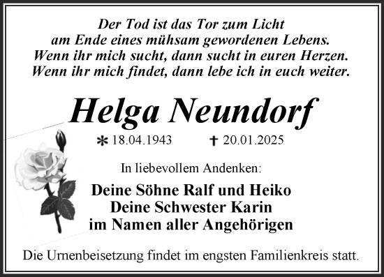 Traueranzeige von Helga Neundorf von Trauerkombi Dessau