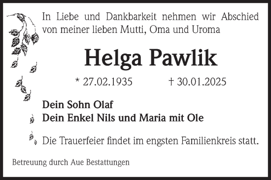 Traueranzeige von Helga Pawlik von Volksstimme Magdeburg