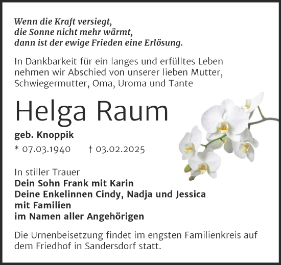 Traueranzeige von Helga Raum von Trauerkombi Bitterfeld