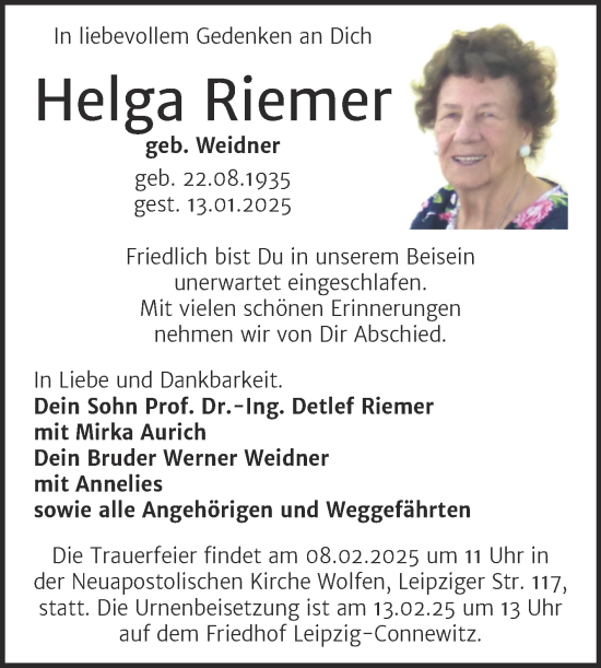 Traueranzeige von Helga Riemer von Mitteldeutsche Zeitung Bitterfeld