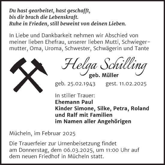 Traueranzeige von Helga Schilling von Trauerkombi Merseburg