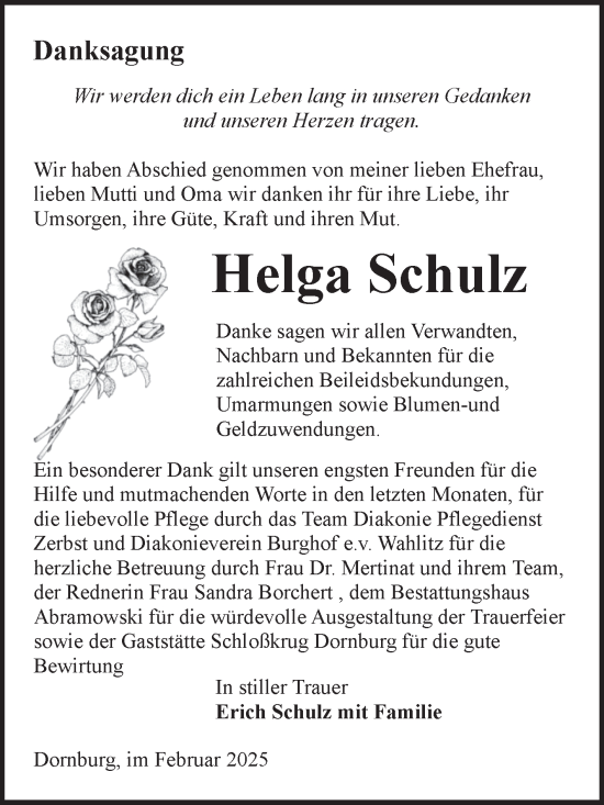 Traueranzeige von Helga Schulz von Volksstimme Zerbst