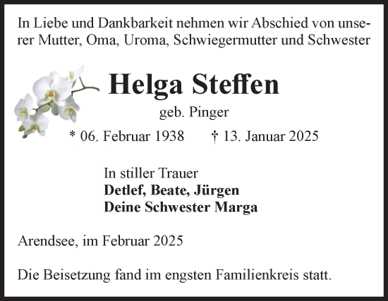 Traueranzeige von Helga Steffen von Volksstimme Altmark West