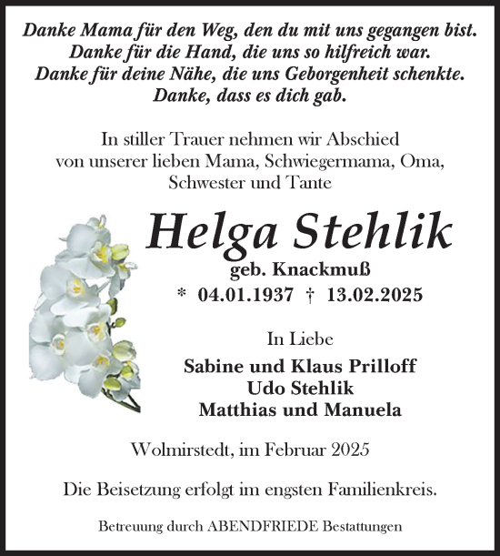 Traueranzeige von Helga Stehlik von Volksstimme Haldensleben/Wolmirstedt