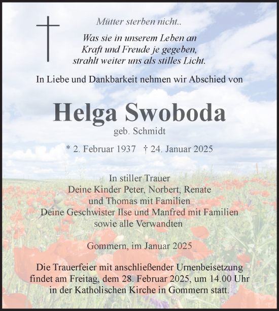 Traueranzeige von Helga Swoboda von Volksstimme Burg/Genthin