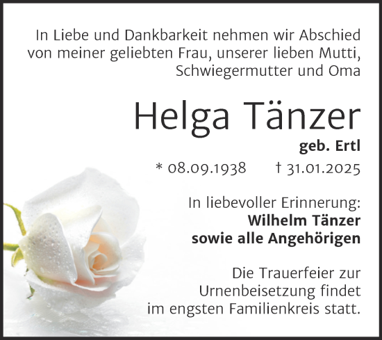 Traueranzeige von Helga Tänzer von Trauerkombi Mansfelder Land
