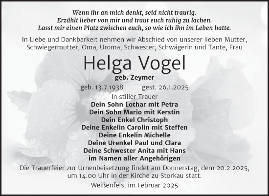 Traueranzeige von Helga Vogel von Trauerkombi Weißenfels