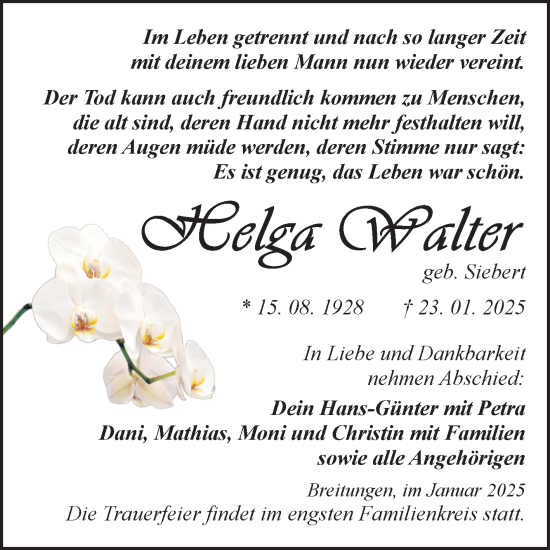 Traueranzeige von Helga Walter von Trauerkombi Sangerhausen