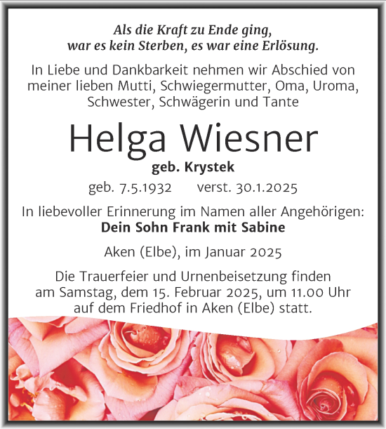 Traueranzeige von Helga Wiesner von Trauerkombi Köthen
