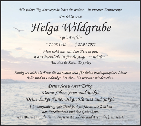 Traueranzeige von Helga Wildgrube von Super Sonntag Wittenberg