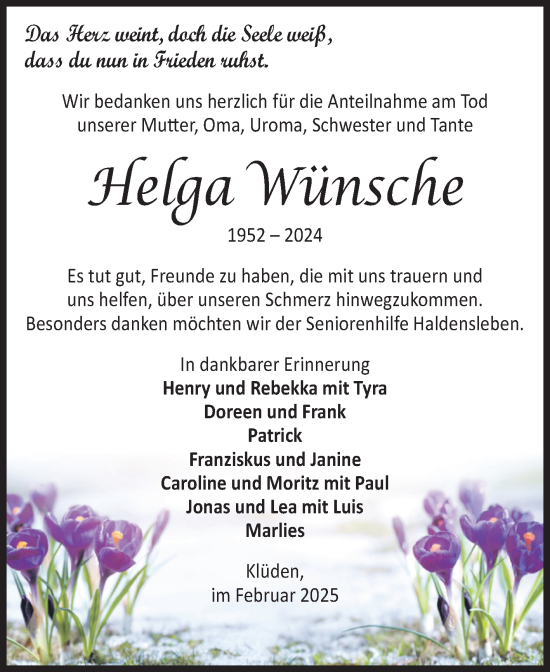 Traueranzeige von Helga Wünsche von Volksstimme Haldensleben/Wolmirstedt