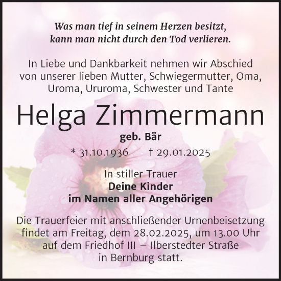 Traueranzeige von Helga Zimmermann von Trauerkombi Bernburg