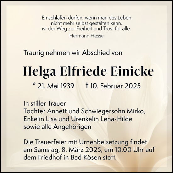 Traueranzeige von Helga Elfriede Einicke von Naumburger Tageblatt