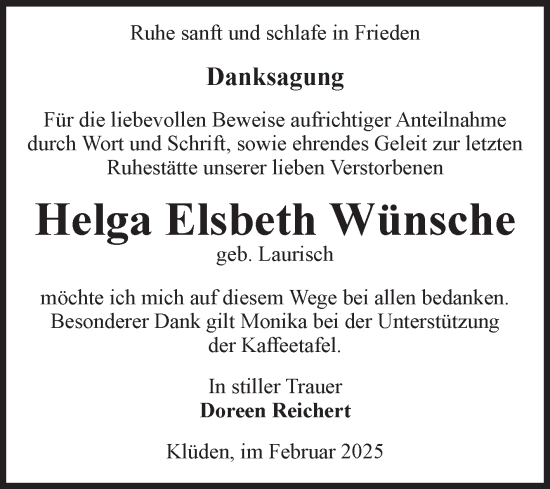 Traueranzeige von Helga Elsbeth Wünsche von Volksstimme Haldensleben/Wolmirstedt