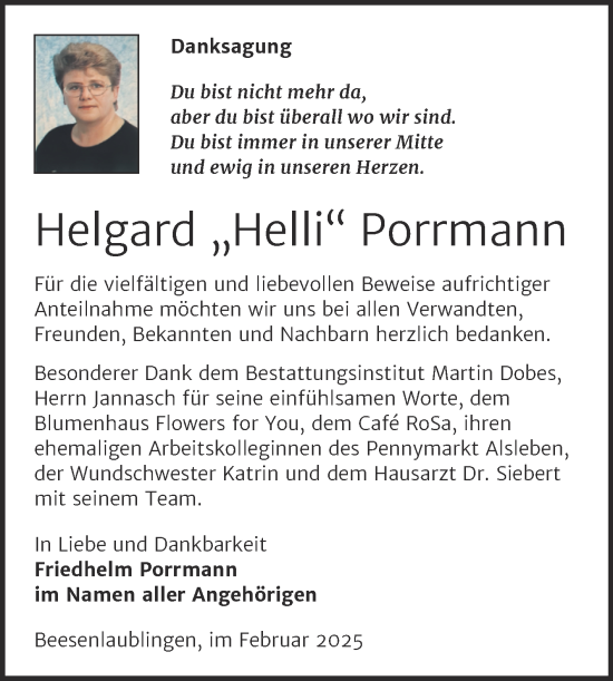 Traueranzeige von Helgard Porrmann von Trauerkombi Bernburg