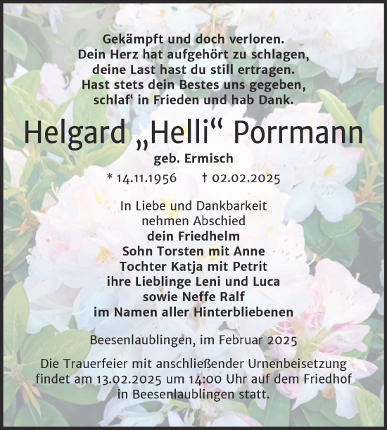 Traueranzeige von Helgard Porrmann von Trauerkombi Bernburg
