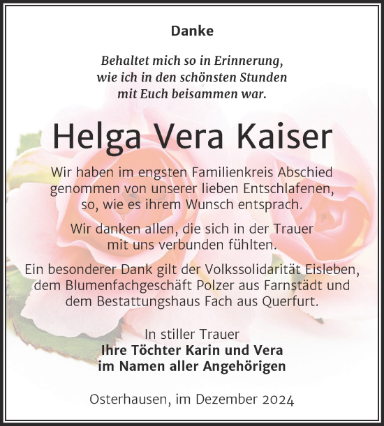 Traueranzeige von Helga Vera Kaiser von Trauerkombi Mansfelder Land