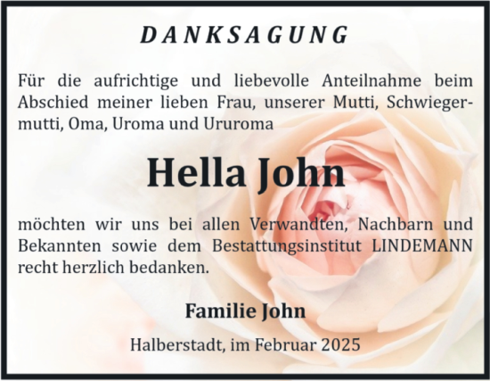 Traueranzeige von Hella John von Volksstimme Halberstadt