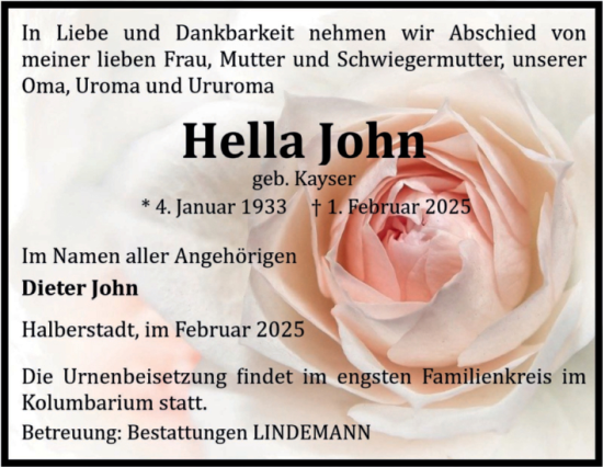 Traueranzeige von Hella John von Volksstimme Halberstadt