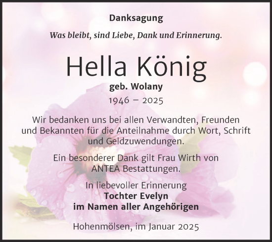 Traueranzeige von Hella König von Trauerkombi Weißenfels
