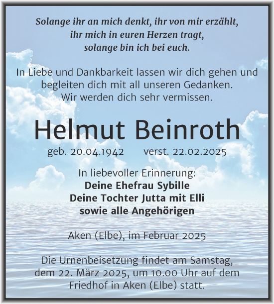 Traueranzeige von Helmut Beinroth von Trauerkombi Köthen