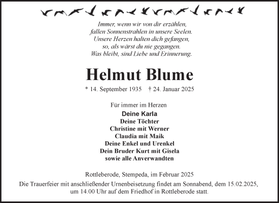 Traueranzeige von Helmut Blume von Mitteldeutsche Zeitung Sangerhausen