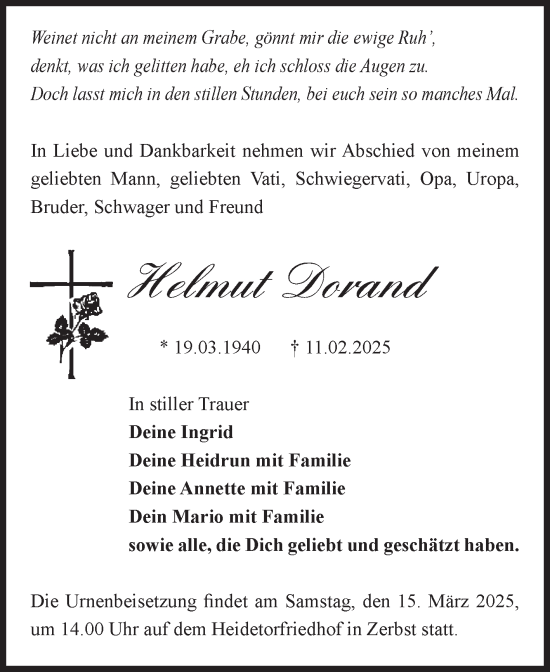 Traueranzeige von Helmut Dorand von Volksstimme Zerbst