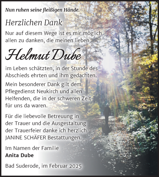 Traueranzeige von Helmut Dube von Trauerkombi Quedlinburg