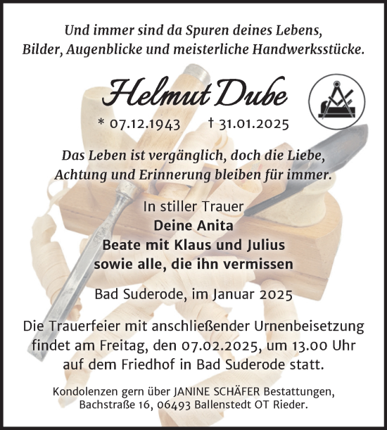 Traueranzeige von Helmut Dube von Trauerkombi Quedlinburg