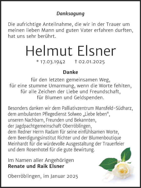 Traueranzeige von Helmut Elsner von Trauerkombi Sangerhausen