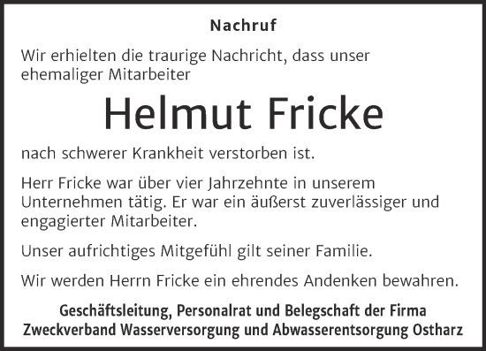 Traueranzeige von Helmut Fricke von Mitteldeutsche Zeitung Quedlingburg