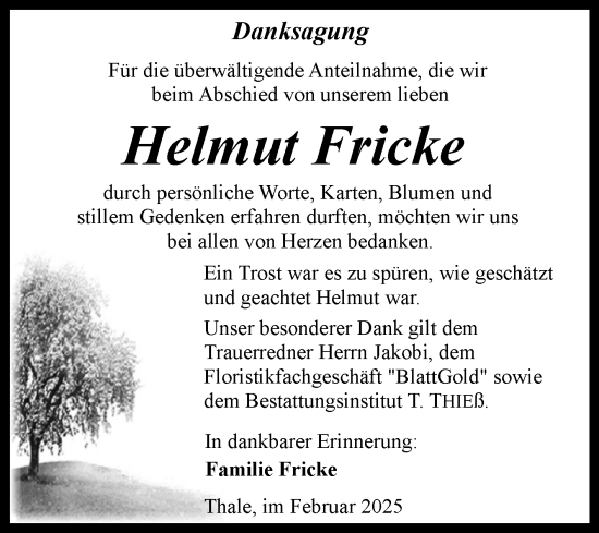 Traueranzeige von Helmut Fricke von Trauerkombi Quedlinburg