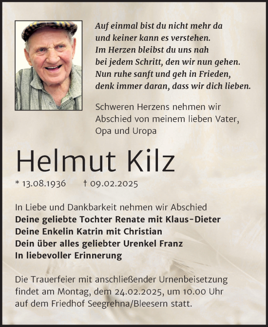 Traueranzeige von Helmut Kilz von Trauerkombi Wittenberg
