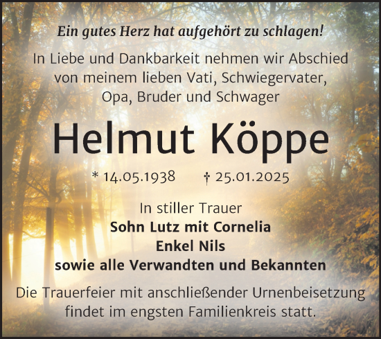 Traueranzeige von Helmut Köppe von Super Sonntag Wittenberg
