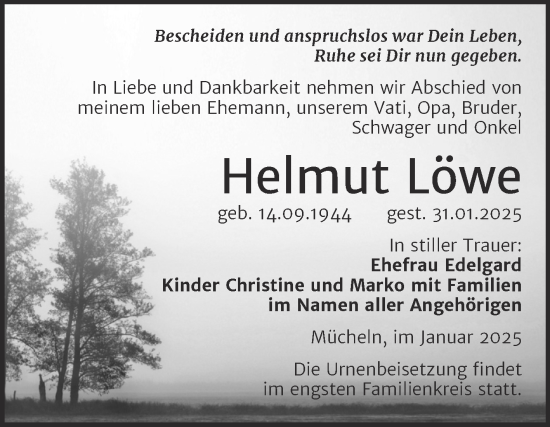 Traueranzeige von Helmut Löwe von Trauerkombi Merseburg