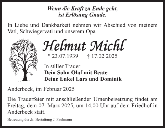 Traueranzeige von Helmut Michl von Volksstimme Halberstadt