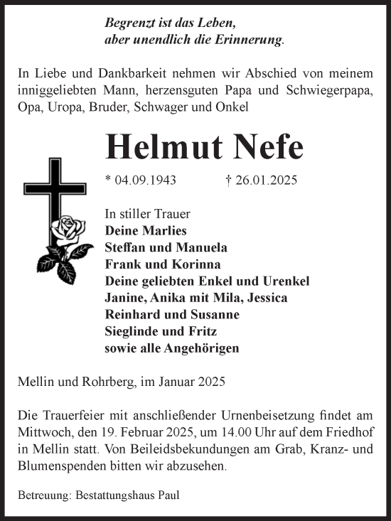 Traueranzeige von Helmut Nefe von Volksstimme Altmark West