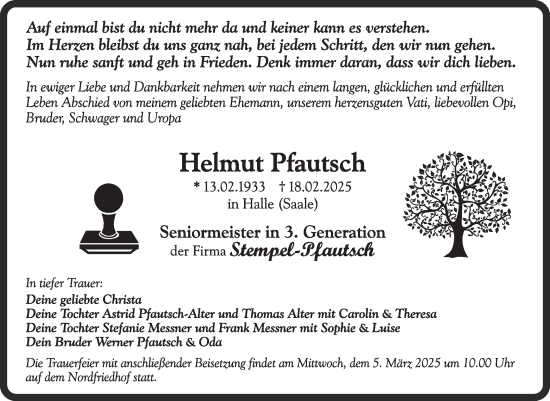 Traueranzeige von Helmut Pfautsch von Mitteldeutsche Zeitung Halle/Saalkreis
