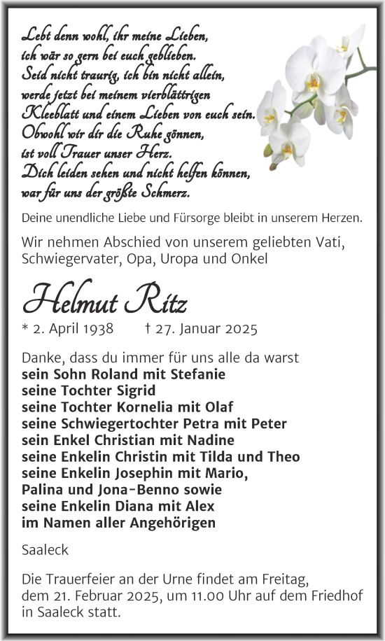 Traueranzeige von Helmut Ritz von Super Sonntag Naumburg/Nebra