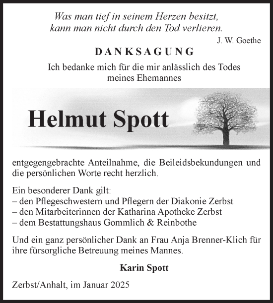 Traueranzeige von Helmut Spott von Volksstimme Zerbst