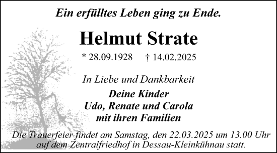 Traueranzeige von Helmut Strate von Trauerkombi Dessau