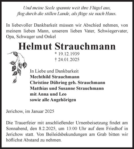 Traueranzeige von Helmut Strauchmann von Volksstimme Burg/Genthin