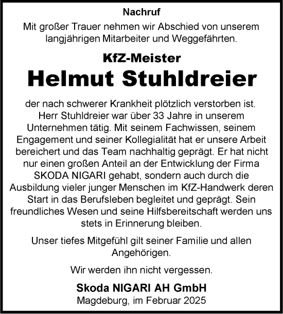 Traueranzeige von Helmut Stuhldreier von Volksstimme Magdeburg