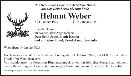 Traueranzeige von Helmut Weber von Volksstimme Oschersleben/Wanzleben