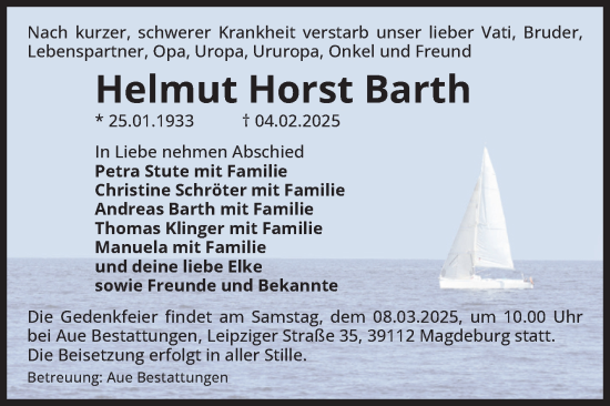 Traueranzeige von Helmut Horst Barth von Volksstimme Magdeburg
