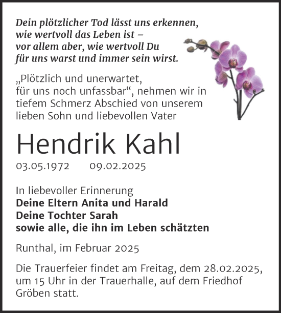 Traueranzeige von Hendrik Kahl von Trauerkombi Weißenfels