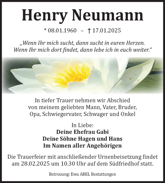 Traueranzeige von Henry Neumann von Volksstimme Magdeburg